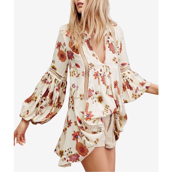 Free People Dresses & Skirts - Free People Just The Two Of Us Floral Crochet Boho Tunic Mini Dress White Medium